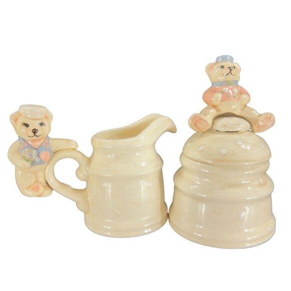 1980s Ceramic Sugar And Creamer Set 2 With Cute Whimsical Teddy Bear On Top - Picture 1 of 15